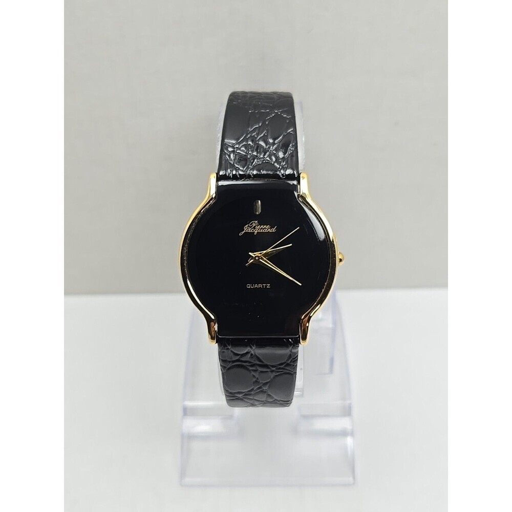 Pierre Jacquard Vintage Quartz Watch Black Dial Gold Tone New Battery Japan Mens